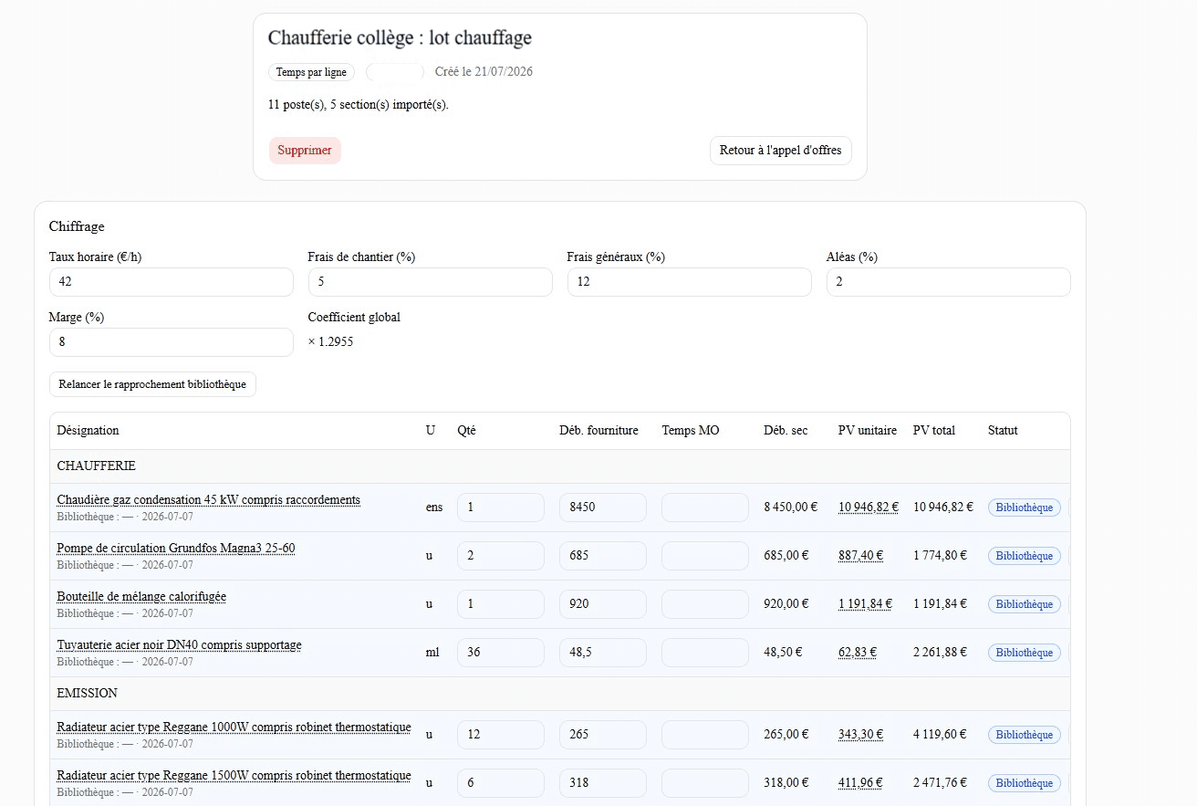 Chiffrage DPGF CVC : bibliothèque de prix, marges et coefficient appliqués poste par poste